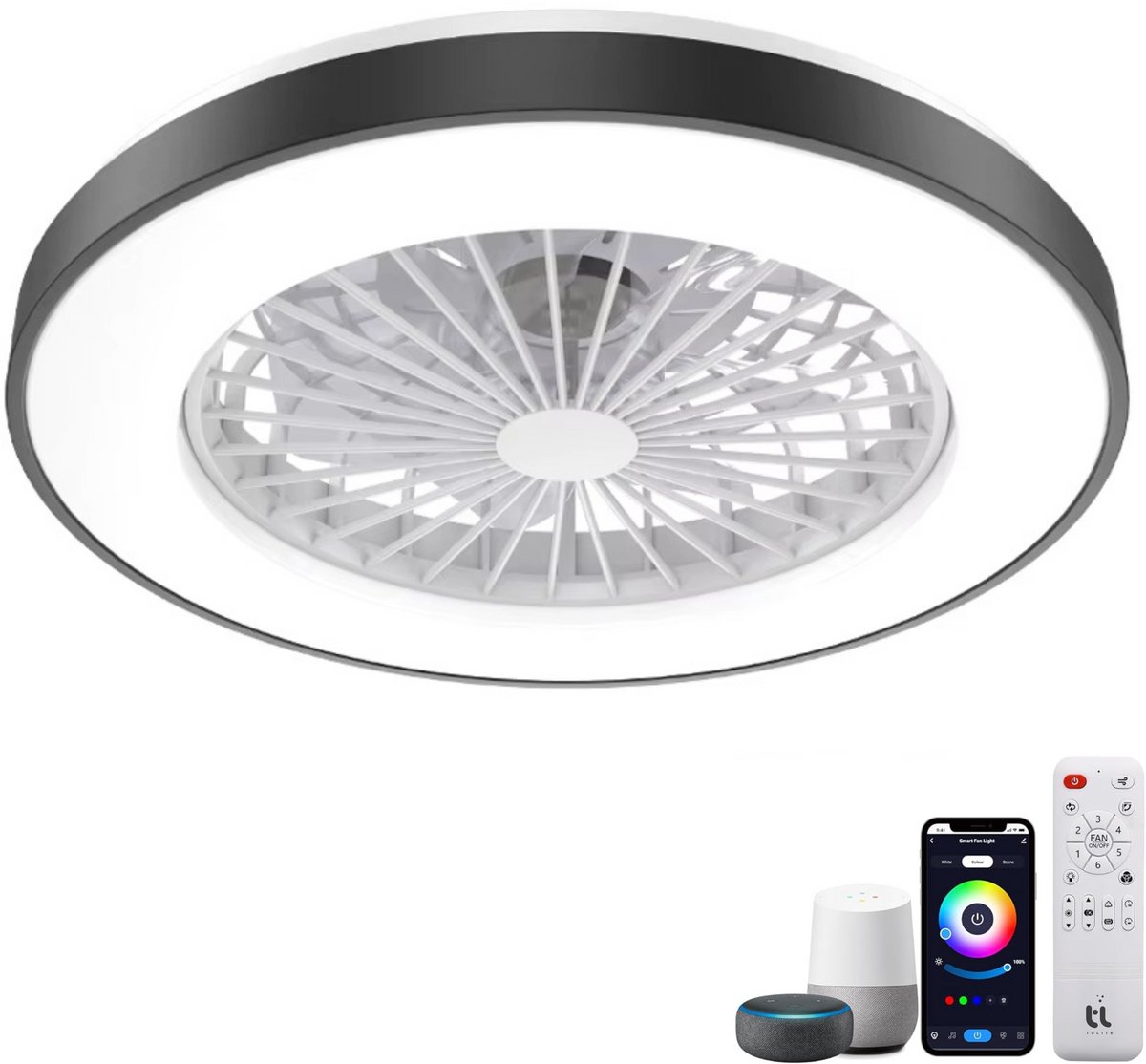 Slimme Plafondventilator met LED Verlichting - App & Afstandsbediening - Plafondlamp met Ventilator - Fluisterstil - Voor Slaapkamer & Woonkamer & Kinderkamer - Ø50 cm - Zwart