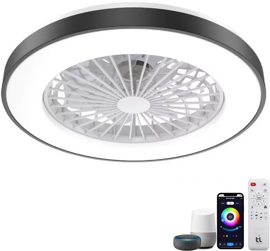 Slimme plafondventilator met LED – app en afstandsbediening – Ø50 cm – zwart