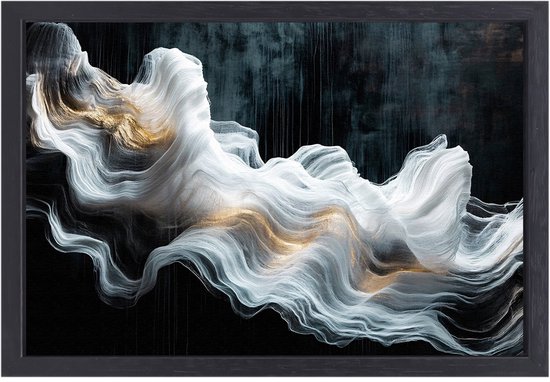 Golvende abstracte lijnen en goud - Abstractie canvas kunst - Kunstwerk golven - Abstracte kunst - Canvas met baklijst schilderij woonkamer - Moderne wanddecoratie - Canvas met baklijst 90x60 cm