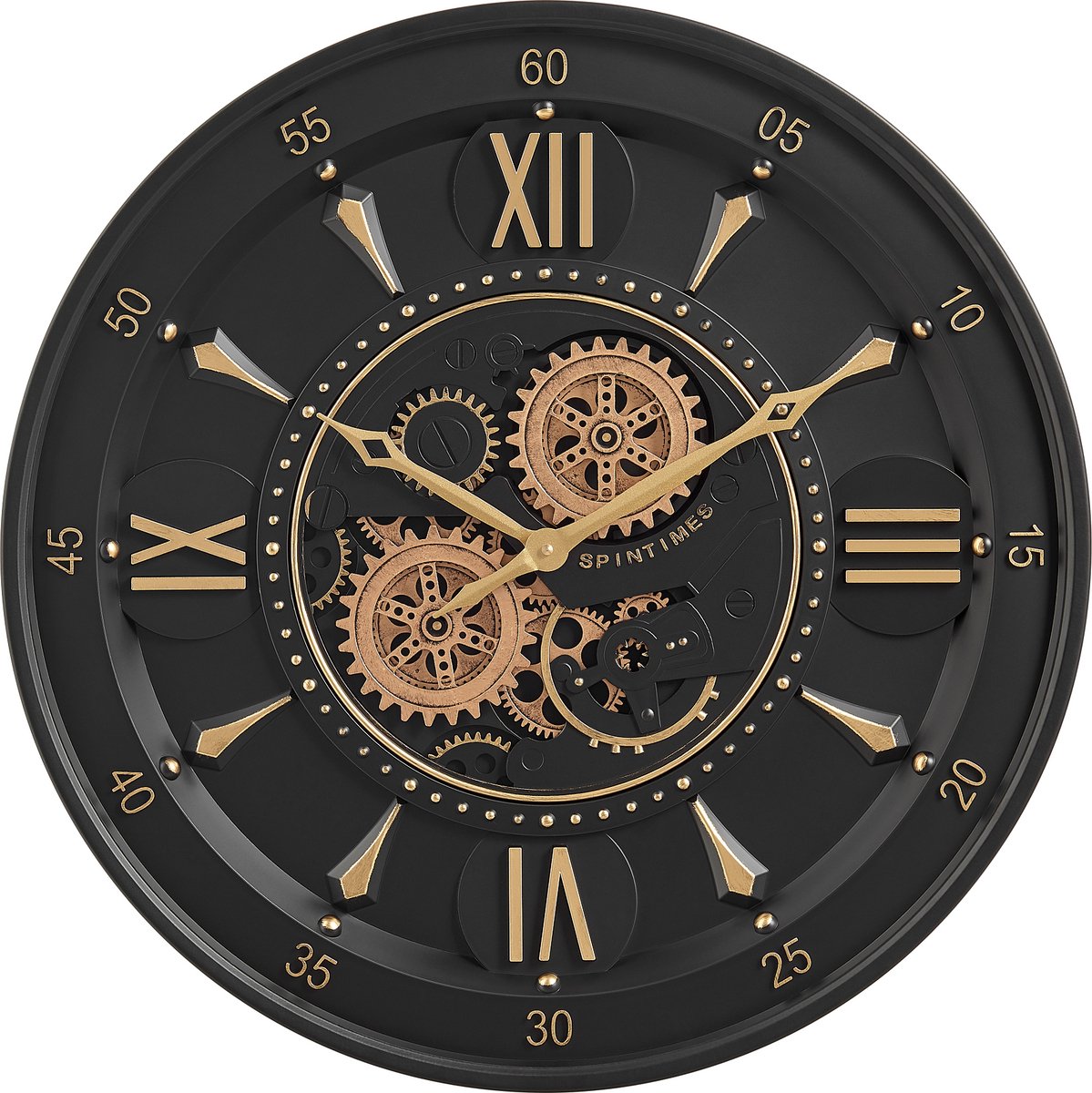 Fresco Wandklok Ø 60 cm – Zwart/Goud – Bewegende Tandwielen – Industrieel Luxe & Stil Uurwerk