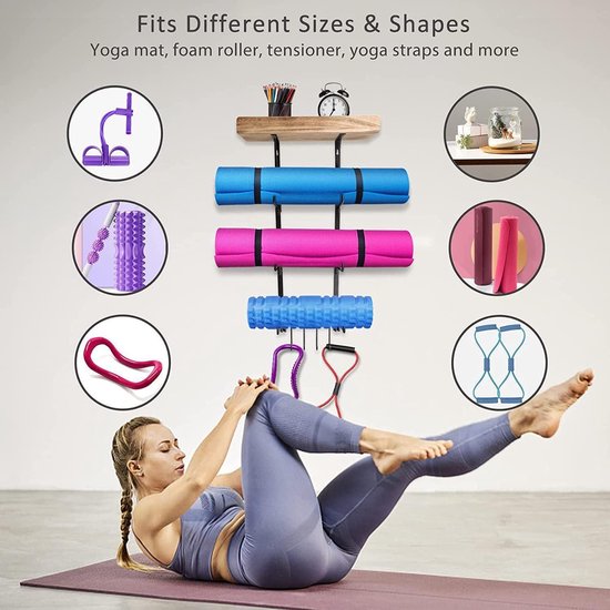 Wall Mount voor Yoga matten, Foam Roll en Handdoekrekhouder voor Ophangen Yoga Riem en Weerstandsbanden — afbeelding 3