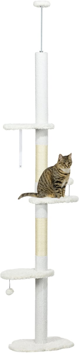 PawHut Kratzbaum Deckenhoch, 225-255 cm Katzenbaum, Katzenkratzbaum, Kletterbaum mit Jute-Seilpfosten, Katzenleiter, Spielball, Hängematte, Katzenmöbel für Katzen bis 5 kg, Weiß