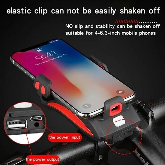 Fiets verlichting - Powerbank Fiets Telefoonhouder - Fiets Smartphone Houder - 2400 mAh - Bel - Koplamp - Oranje — afbeelding 4