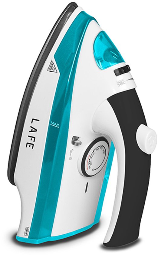 Witte strijkijzer met turquoise accenten en zwarte handgreep. LAFE logo.
