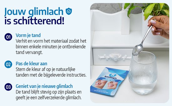 Drie stappen om een glimlach te herstellen. Een vrouw plaatst materiaal in een glas water.