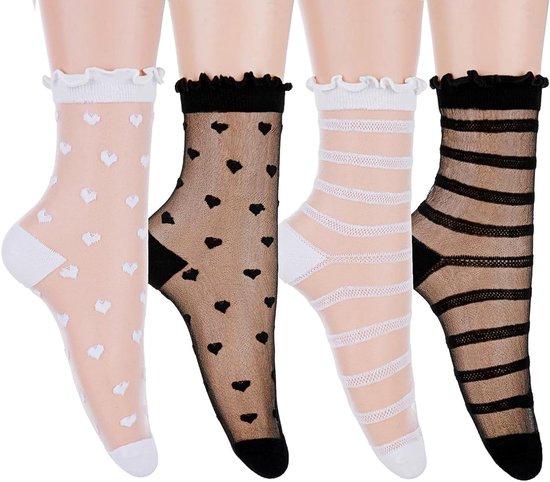 Allecto plus - Set van 4 paar transparante enkelsokken met ruches voor dames | Ultra dunne kanten doorschijnende sokken | Schattige hart- en streepmotieven | Zwart en Wit | Maten 40.5-44.5 EU