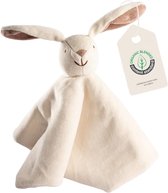 Ecru konijnenknuffel met bruine voering in de oren en een certificaatlabel 'Organic Content Standard'.