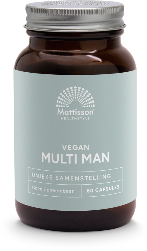 Bruine glazen pot met MATTISSON HEALTHSTYLE VEGAN MULTI MAN, met lichtgroen label en 60 capsules.