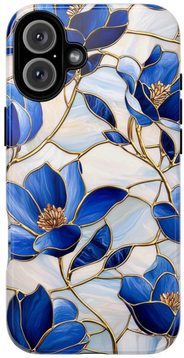 Blauw Gebloemd Glas-in-loodpatroon – Telefoonhoesje Geschikt voor iPhone 16 Plus