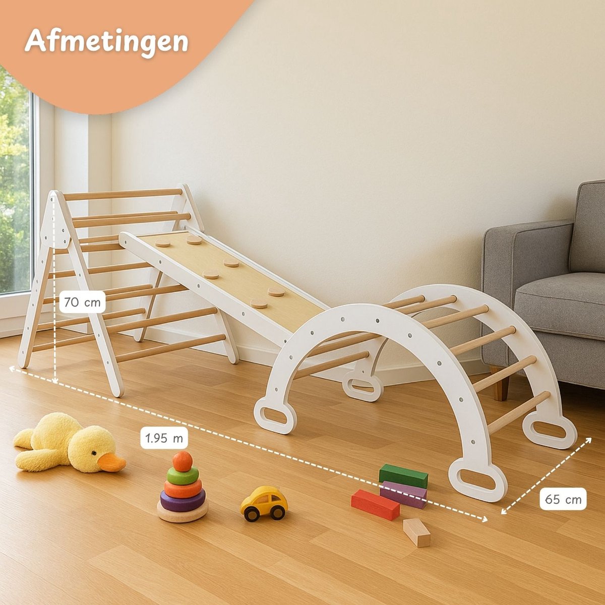 Maxx Kidz - Houten Klimrek - Pikler Driehoek met Glijbaan - Klimboog voor Binnen - Baby Speeltoestel - Hout Peuter Speelgoed - Leerzame Klimdriehoek — afbeelding 5