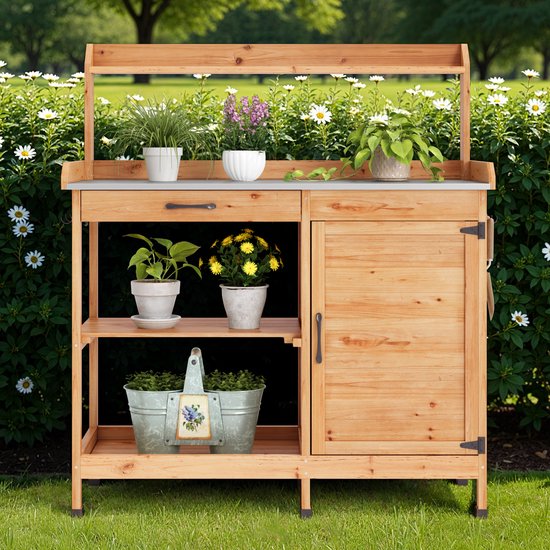 Bealife CC51 Table de travail de jardin pour plantes, table de jardin pour plantes avec banc de plantation, 111,6 x 46,5 x 125 cm, Naturel