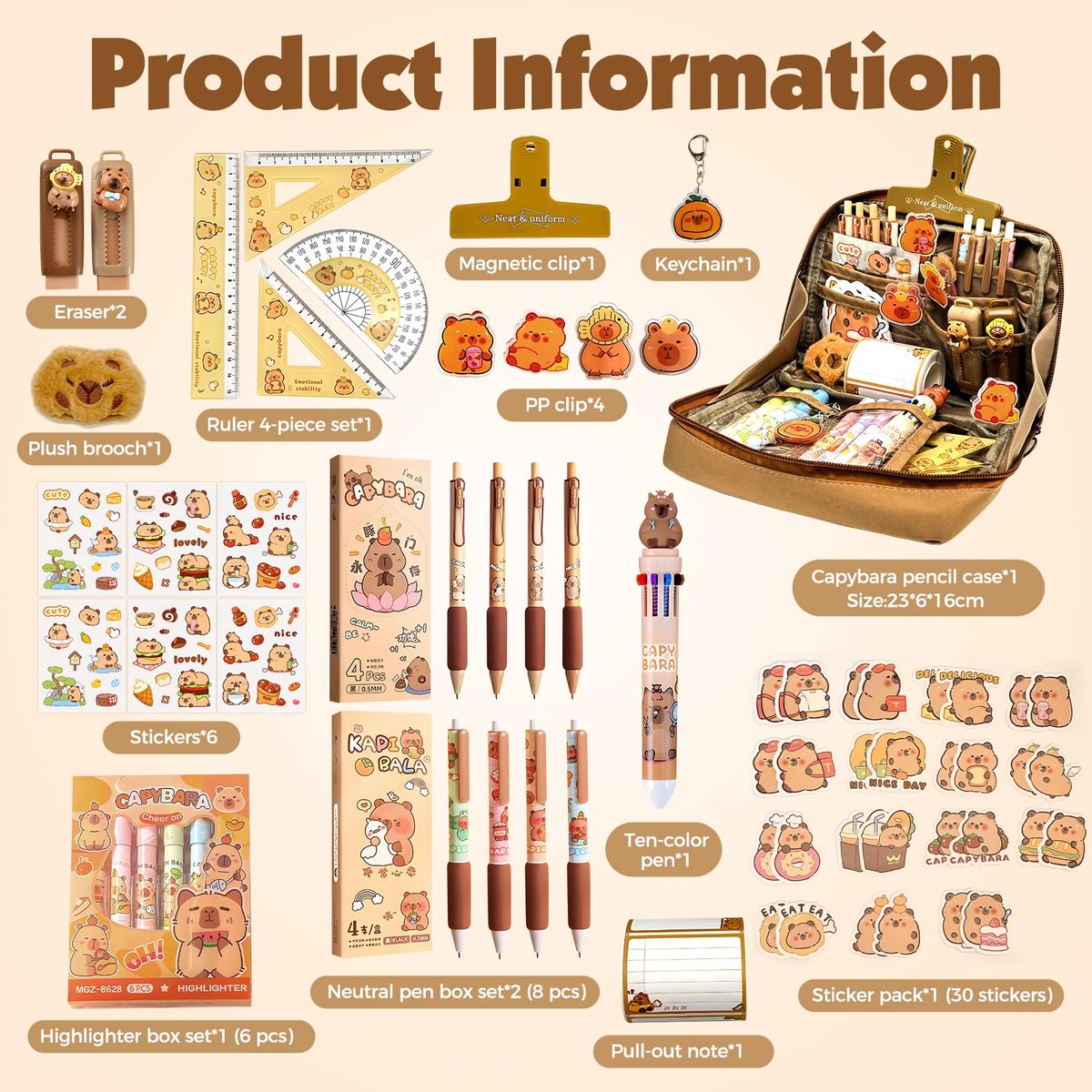 Pmueuff Capybara Kawaii Pennenetui, Schrijfwarenset Met Pennen Stickers Notitieblaadjes Spelden En Hangers Schrijfwarenbox Cabibara Spullen Voor Jongens Meisjes 2327779669