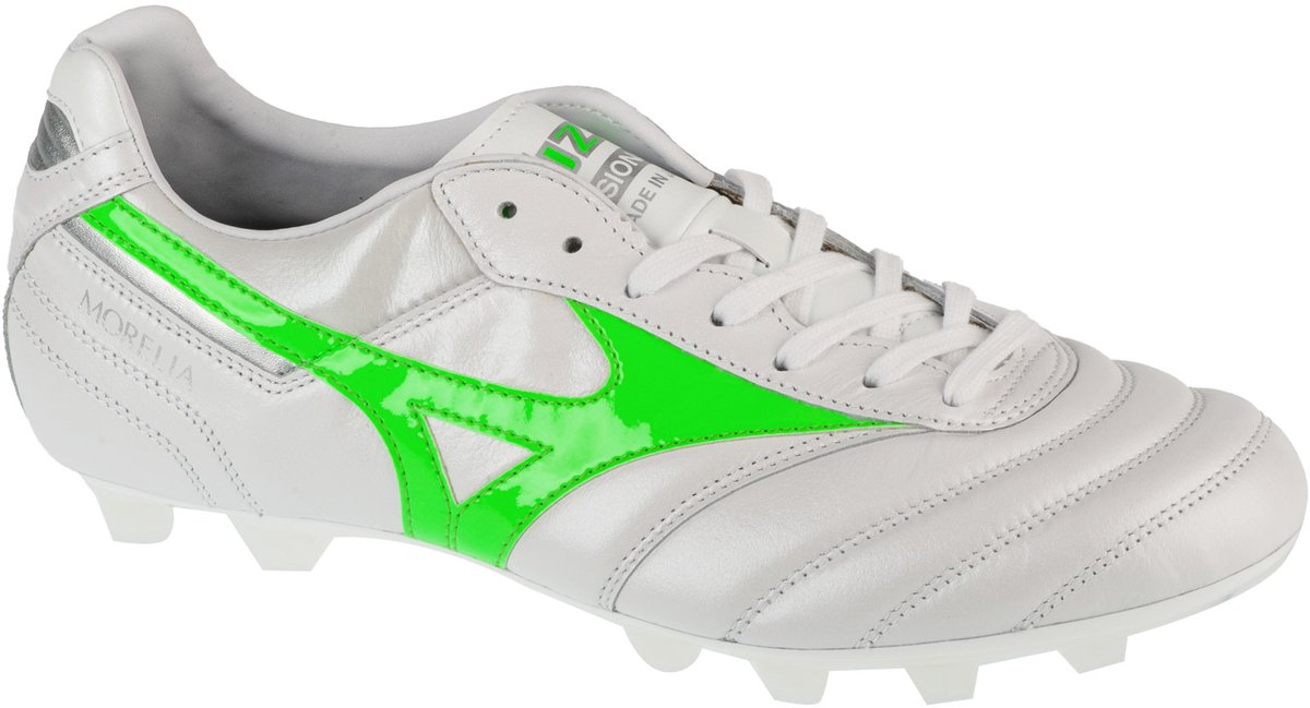 Mizuno Morelia II Japan FG, unisex voetbalschoenen in wit met groene accenten, maat 44, van grof leder.