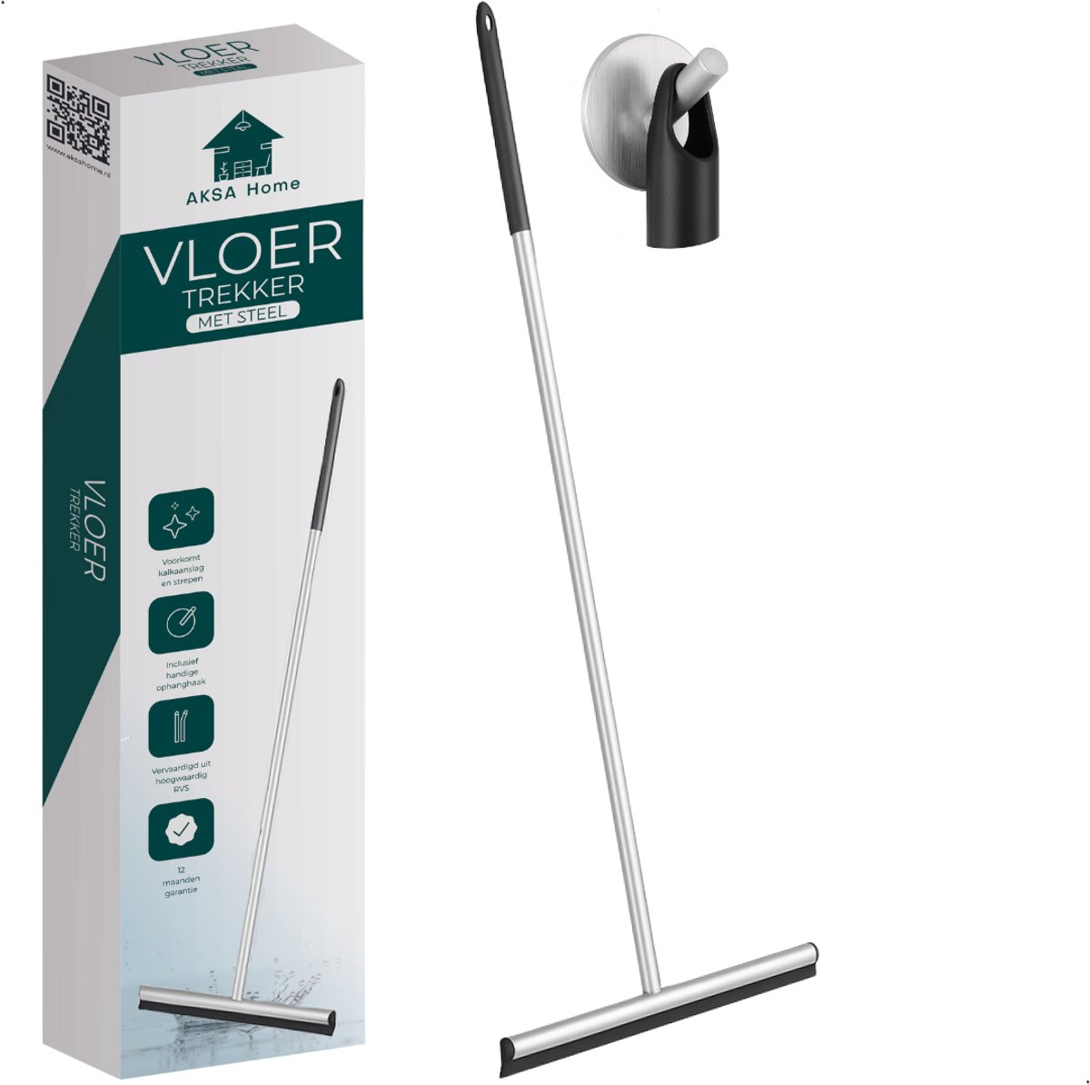AKSA Home® Vloertrekker - Douchewisser - Trekker Douche - RVS Vloerwisser - met Steel - Zilver