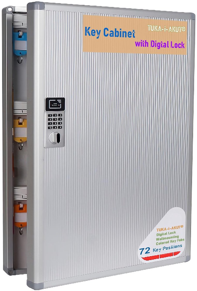 TUKA-i-AKUT Sleutelkast 72 Haken met Elektronisch Slot, Afsluitbare Metalen Sleutelkast voor Wandmontage, Aluminium Sleutelkluis, Gekleurde Sleutelringen en Combinatieslot, TKD8651-72