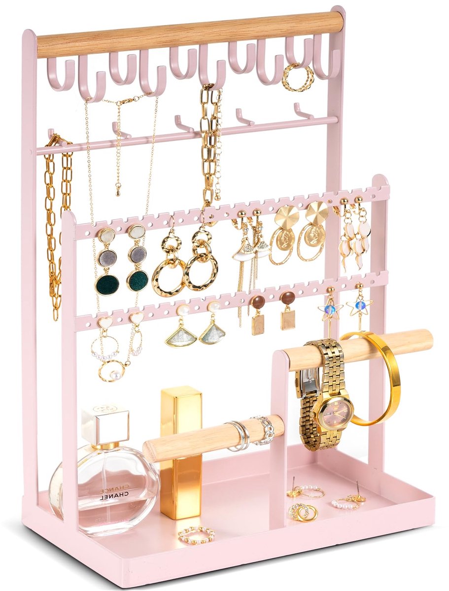 ProCase Sieradenstandaard Sieradenhouder voor oorbellen, oorbellen, kettingen, sieradenorganizer, sieradenstandaard met 15 haken en 40 gaten, oorbellenhouder, sieradenopslag voor kettingen, armbanden en ringen - Roze