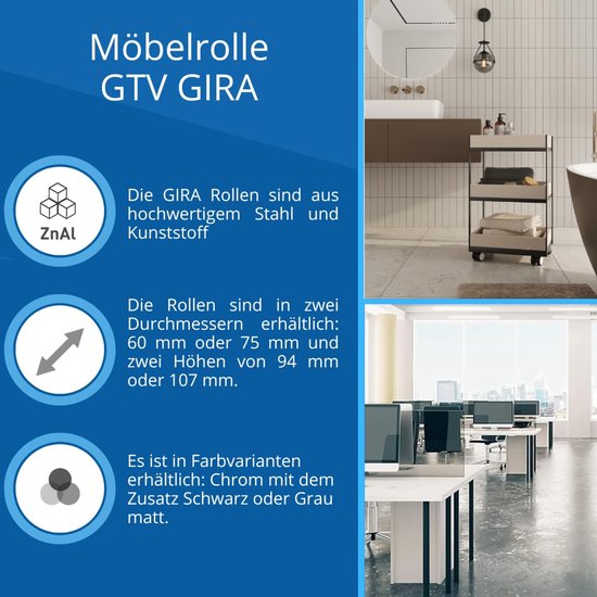 GTV - Meubelwielen CALIBRO | zwenkwielen | wielen voor meubels | zonder rem | diameter 50 mm | van kunststof en staal | zwart