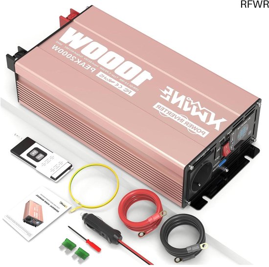 RFWR® Spanningsomvormer 12V naar 230V, 1000W, Zuivere Sinus met AC Stopcontact, USB-A en USB-C Uitgang, DC naar AC Inverter voor Auto en Camper