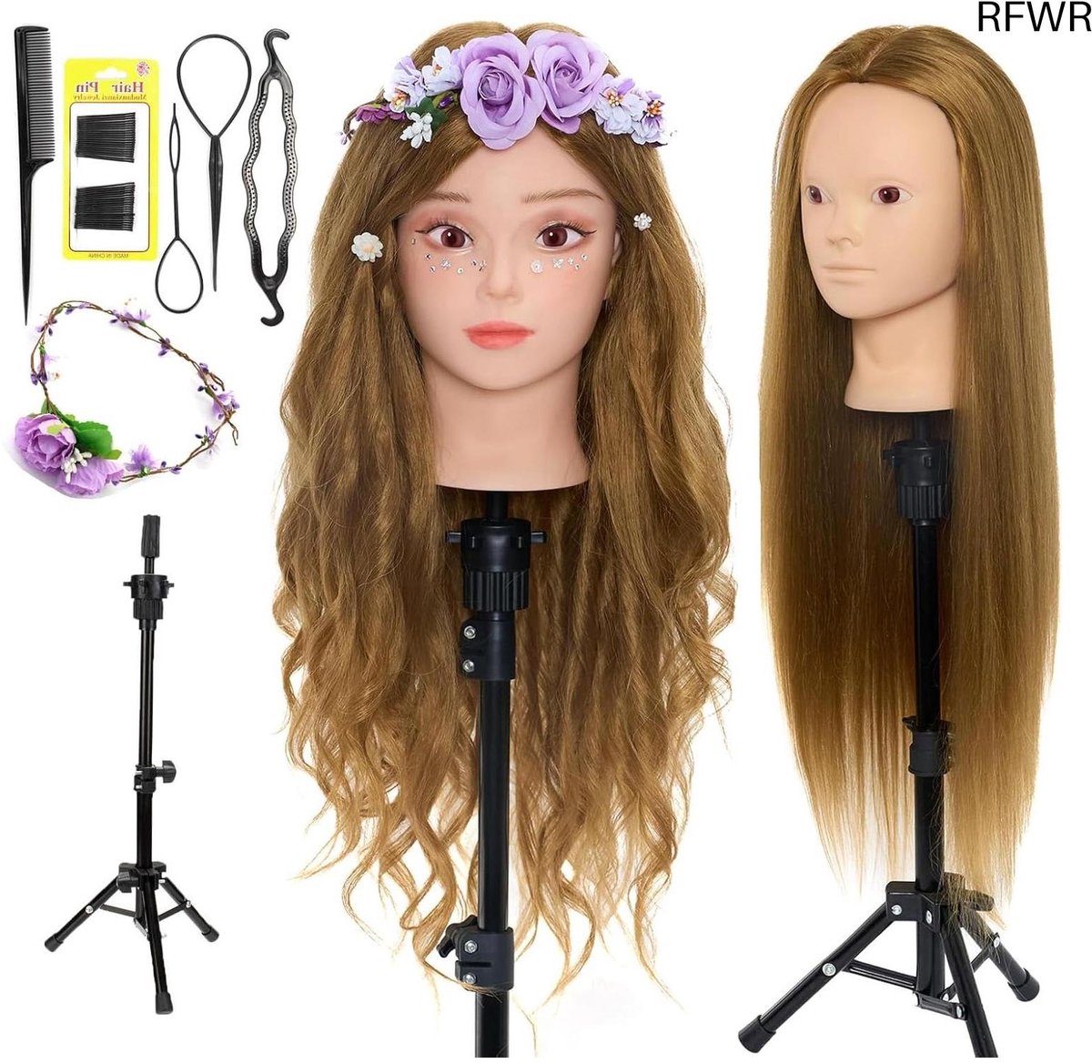 RFWR® Make-uphoofd 61 cm met 50% echt haar - Oefen- en Trainingshoofd voor Kappers met Standaard