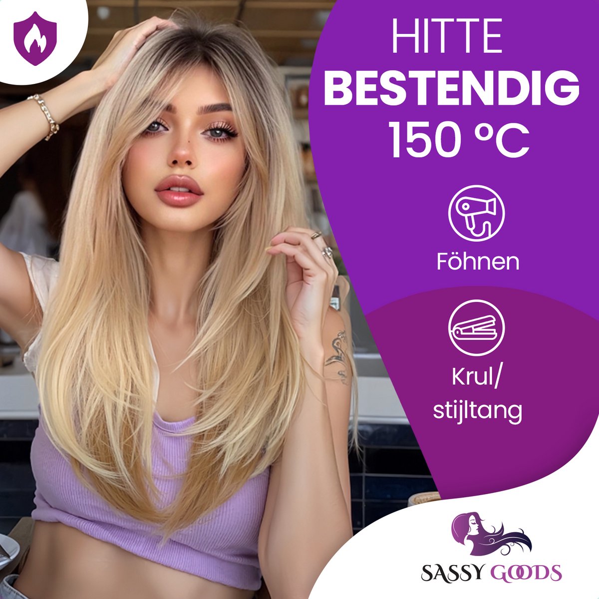 SassyGoods Blonde Pruik Blond - Pruiken Dames Lang Haar - Wig - Haarwerk - Wasbaar - Blond - 60 cm — afbeelding 8
