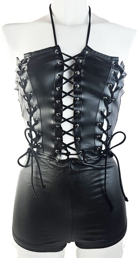 BamBella® Sexy Nep leer jumpsuit - Maat L/XL - Wetlook korte broek Dames - Zwart met vetersluiting