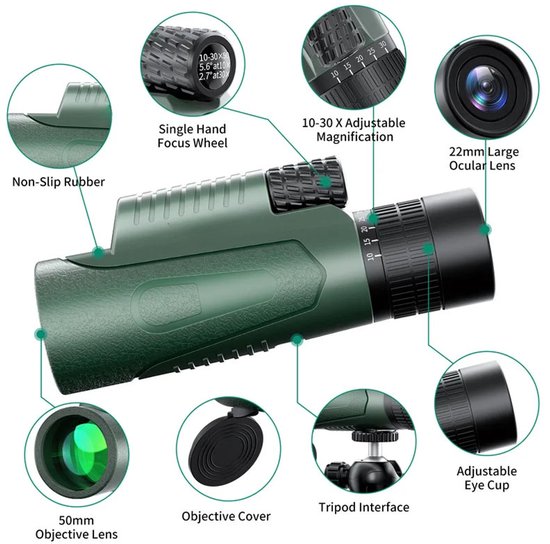 Télescope Zoom 10-30x50 – Monoculaire astronomique HD avec adaptateur pour téléphone et trépied – Chasse, Camping, observation des oiseaux et de la nature