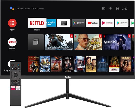 TuTu TU245J03 25 inch Full HD Smart TV Monitor met Google TV, 2x HDMI, 2x USB, afstandsbediening