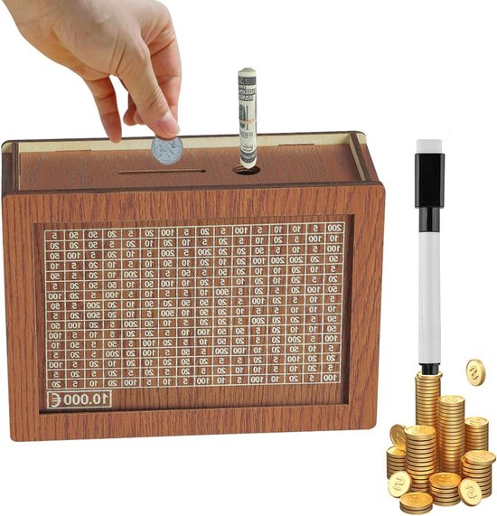 Houten spaarpot, spaarpot met teller, spaarpot met nummer met doel, herbruikbare spaarpot om kinderen te helpen de gewoonte van sparen op te bouwen (C Houten spaarpot, spaarpot met teller, spaarpot met nummer met doel, herbruikbare spaarpot om kinderen te helpen de gewoonte van sparen op te bouwen (C