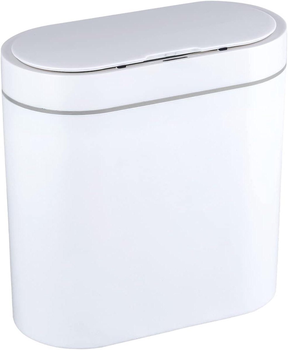 Narrow Bedroom Trash Can with Lid 2.5 Gallon Waterproof Motion Detector 9.5 Litre Slim Plastic Small White