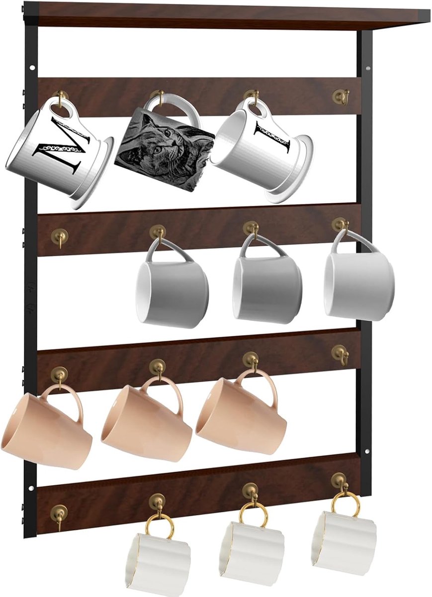 Rustieke Bekerhouder met Haken - Wandhouder voor Koffiekopjes - Houten en IJzeren Design - 60 x 43 cm