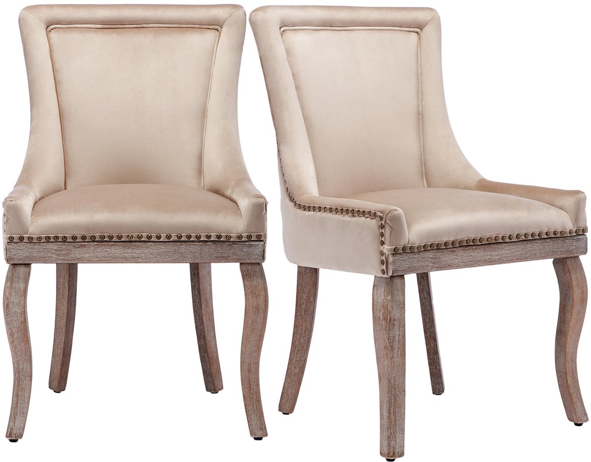 Merax Luxe Eetkamerstoelen Set van 2 – Gestoffeerde Stoelen met Nagelkopafwerking – Massiefhouten Poten – Fluweel Beige – Comfortabele Keuken- en Lounge Stoelen