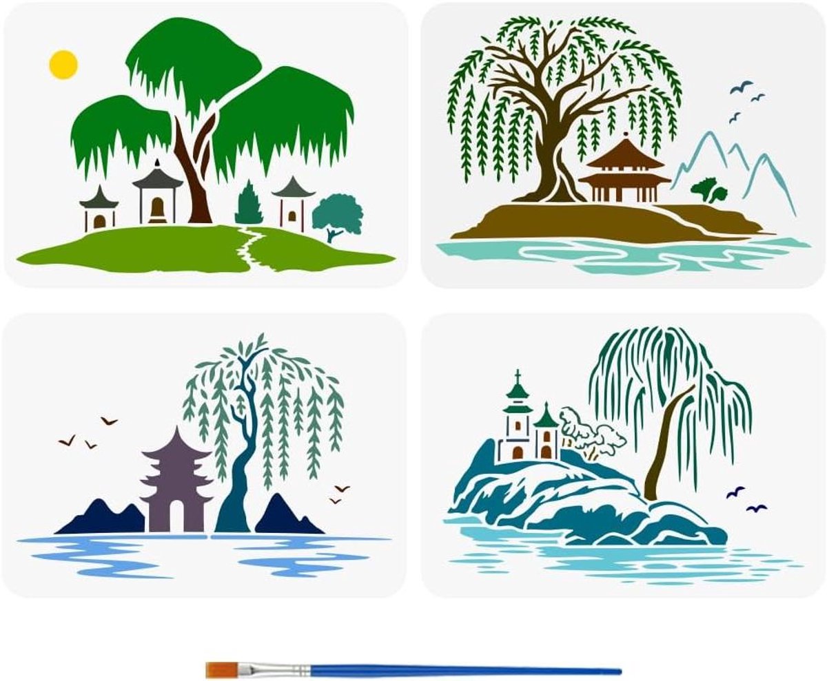 Allecto Plus - 4 stuks Natuur Thema Landschap Stencils 21x297 cm voor Schilderen en Muurdecor met Verf Borstel, Wilgen, Vogels, Bergen, Meren en Tempels - Sjablonen en Templates