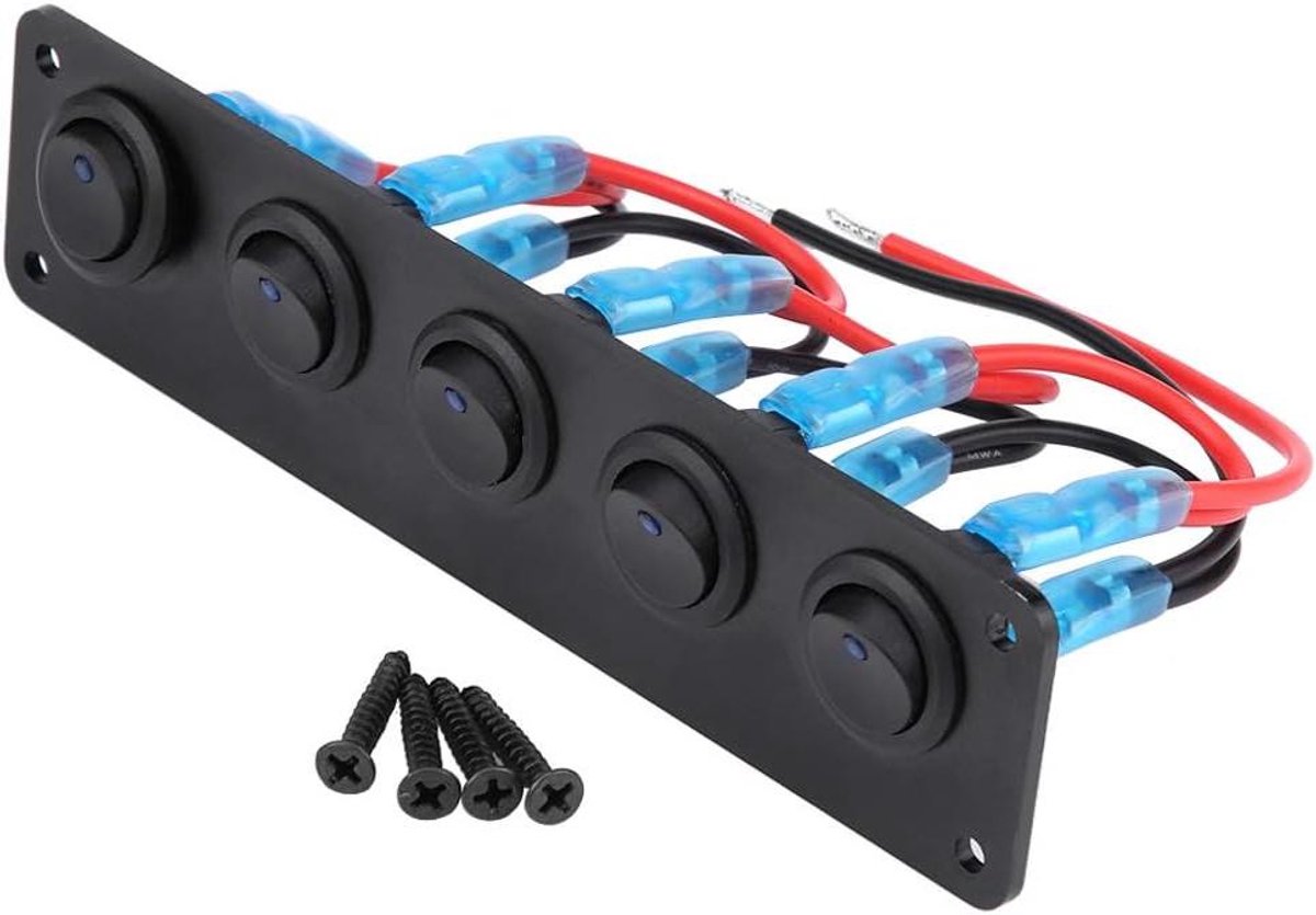 Allecto Plus - Dash Rocker met 5 switches voor Voertuigen - Blauw Ledverlichting - Waterdicht Schakelpaneel voor Auto's, Campers, Boten