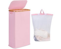 Smalle wasmand met deksel - opvouwbaar - 60 l - roze