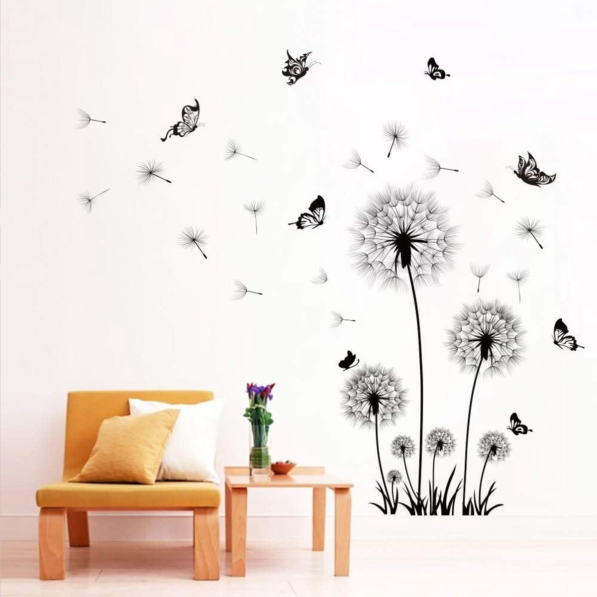 Allecto Plus - Muursticker Paardebloem vlinder zwart - Decoratieve bloemen voor kinderkamer, woonkamer en slaapkamer