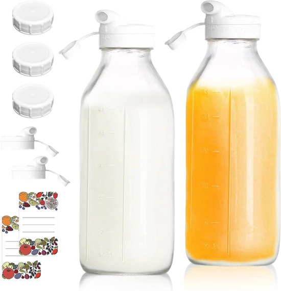 KADAX melkflessen 1L met schroefdop, lege flessen met grote opening om te vullen met melk, glazen flessen met deksel, breedhalsfles van glas (5 stuks