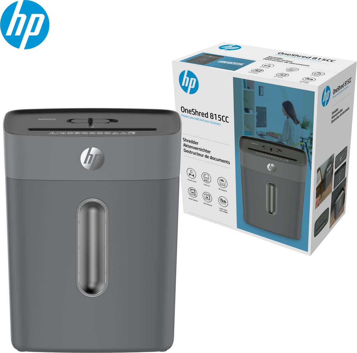HP OneShred 815CC - Papierversnipperaar - 8 Vel, P-4 / DIN 66399 - Shredder - 15L - Kantoor/ Thuisgebruik - Antraciet