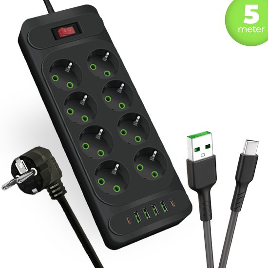 Hoekopstelling Stekkerdoos Met Overspanningsbeveiliging 4000W, FDTEK 4 Onafhankelijke Schakelaars, USB-C PD20W Snelladen, 2M Kabel, Zwart Tafelstopcontact met schakelaar PD 20W