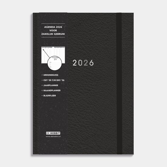 Hobbit - Zakenagenda 2026 - Afsprakenagenda - A4 (21 x 29,7 cm) - Tijdindeling per kwartier - 1 week over 2 pagina's - Harde Kaft - Lederlook Zwart
