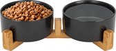 Jake and Jacky Voerbak Hond en Kat Keramiek - Voerbakken Dubbel met Standaard - Drinkbak en Eetbak - 2x 800 mL - Zwart