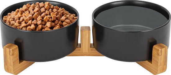Jake and Jacky Voerbak Hond en Kat Keramiek - Voerbakken Dubbel met Standaard - Drinkbak en Eetbak - 2x 800 mL - Zwart
