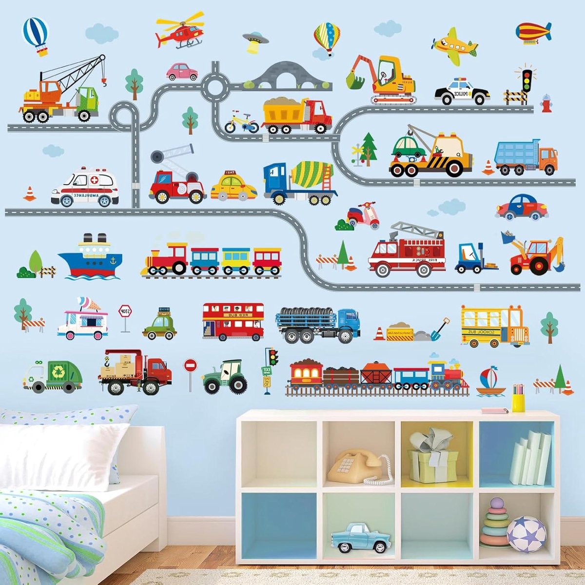 Allecto Plus - Muurstickers Voertuigen Truck Constructie Auto Road voor Jongenskamer met Peel en Stick Technologie - Educatieve Decals voor Kinderen Slaapkamer en Speelkamer