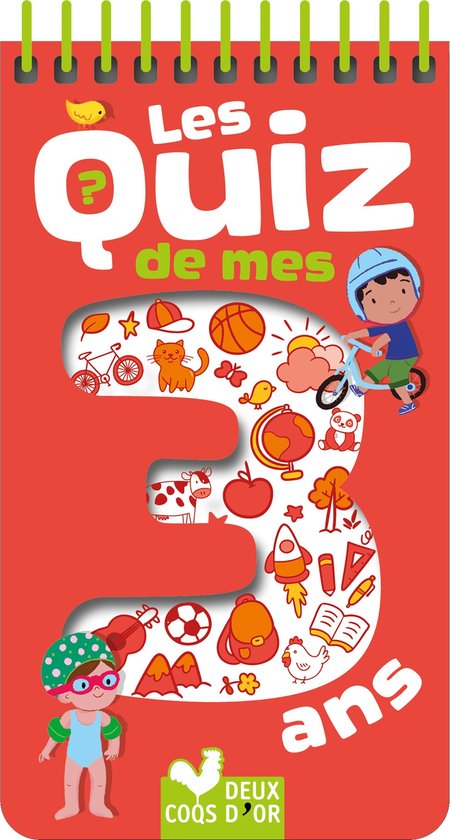 Couverture d'un livre avec le chiffre 3, 'Les quiz de mes 3 ans' en lettres blanches et diverses illustrations pour enfants.