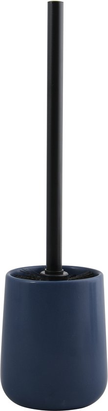 Donkerblauwe toiletborstel met zwarte steel en donkerblauwe houder.