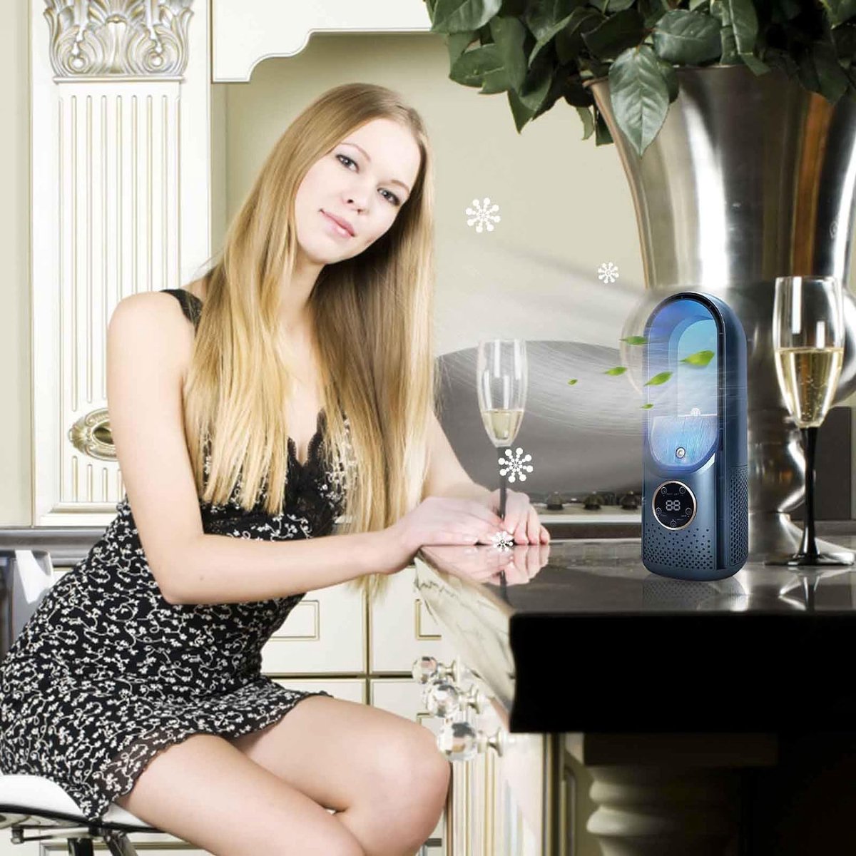 Bladloze Ventilator - Tafelventilator - Aircooler - Luchtkoeler - Tafel Ventilator - Energiezuinige Koeling - Stille Bladloze Ventilator - Aanraakbediening - USB - Draagbare Ventilator - Blauw thumbnail 3