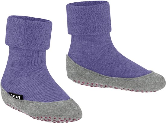Paarse teensokken met omgeslagen rand en grijze zool met noppen. 'Falke' label.