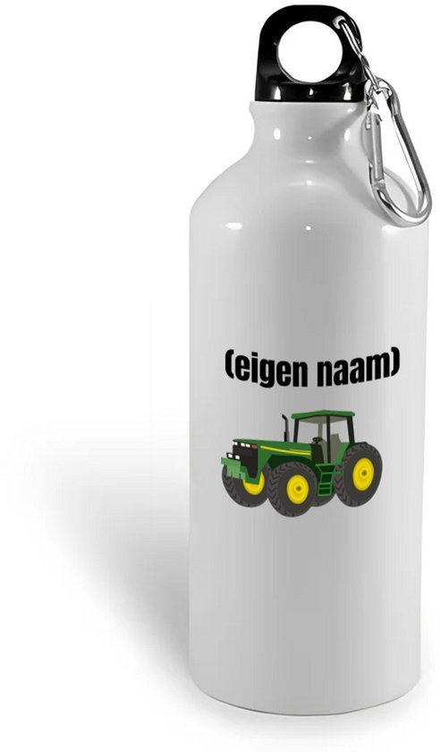 Bouteille d'eau blanche avec tracteur vert et "(nom du propriétaire)".