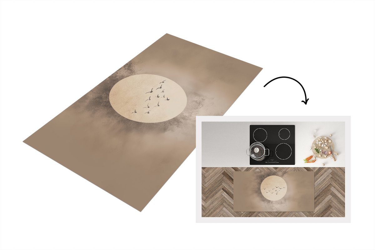 KitchenYeah Keukenloper 120x60 cm - Keukenmat vinyl Vogel - Beige - Japandi - Keukenmatten loper - Keuken vloerkleed tapijt Japandi - Vogels