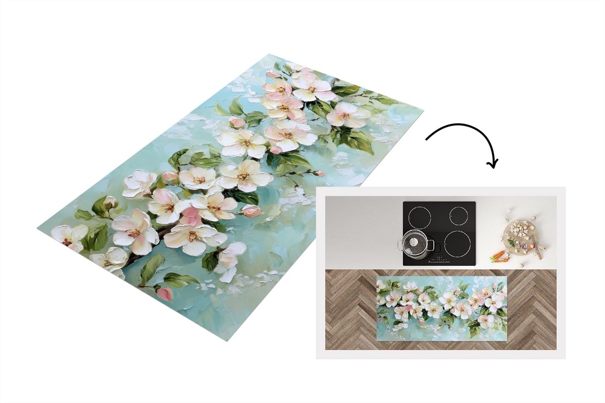 KitchenYeah Keukenloper 120x60 cm - Keukenmat vinyl Bloesem - Bladeren - Lichtblauw - Keukenmatten loper - Keuken vloerkleed tapijt