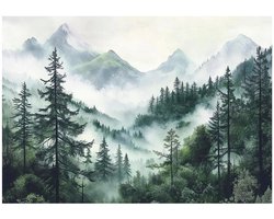 WALLARENA - Fotobehang - 250x175 cm - Fototapete van een bos in de mist met bomen en bergen, geschikt voor slaapkamer en salon, vliesbehang